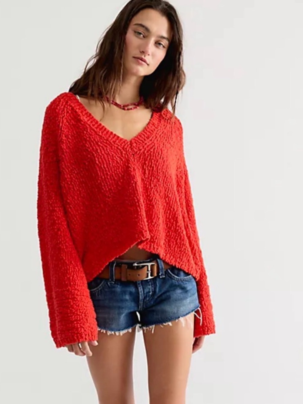 NWT Free People Chunky V-Neck Sweater in Bright Red